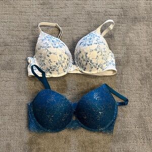 Victoria's Secret Blue and White Lace Bra Set push up 34d